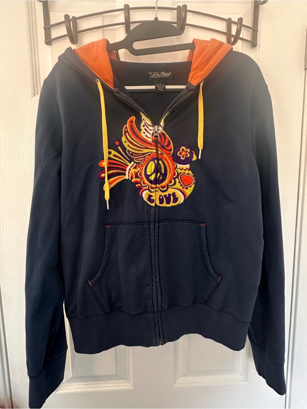 Lucky Brand Vintage Embroidered Hoodie Large GUC Zip Up